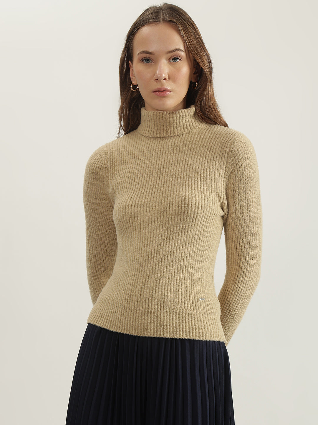 Shop Elle Women Beige Ribbed Turtle Neck Full Sleeves Pullover Style  Sweater Online