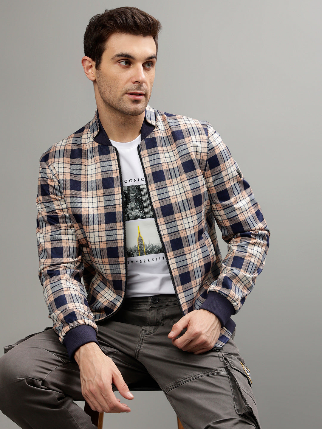 Shop Iconic Men Checked Stand Collar Full Sleeves Bomber Jacket