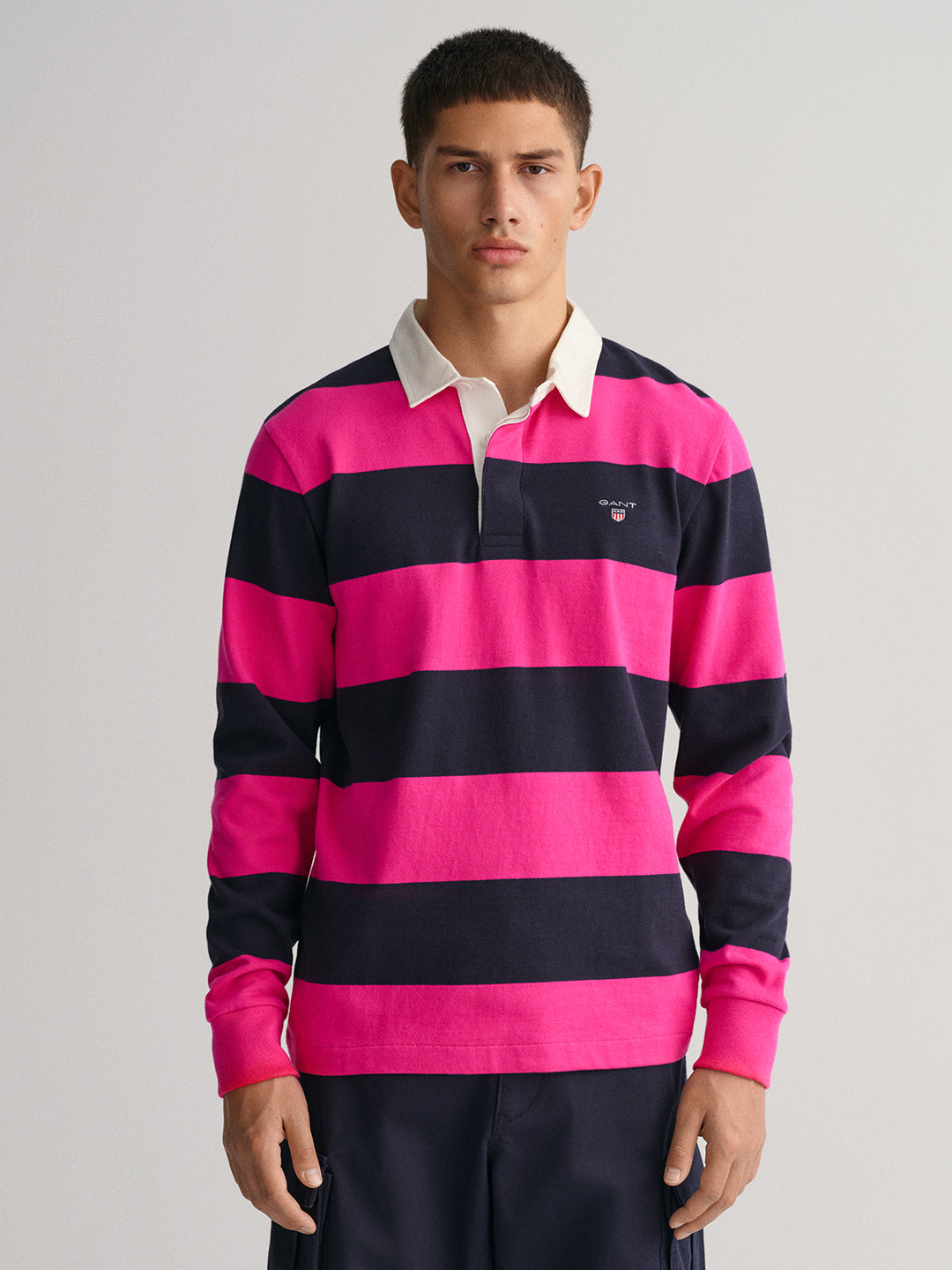 Mens pink striped polo clearance shirt