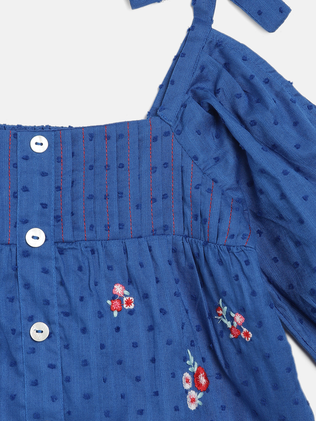 Blue Giraffe Girls Blue Embroidered Square Neck Top