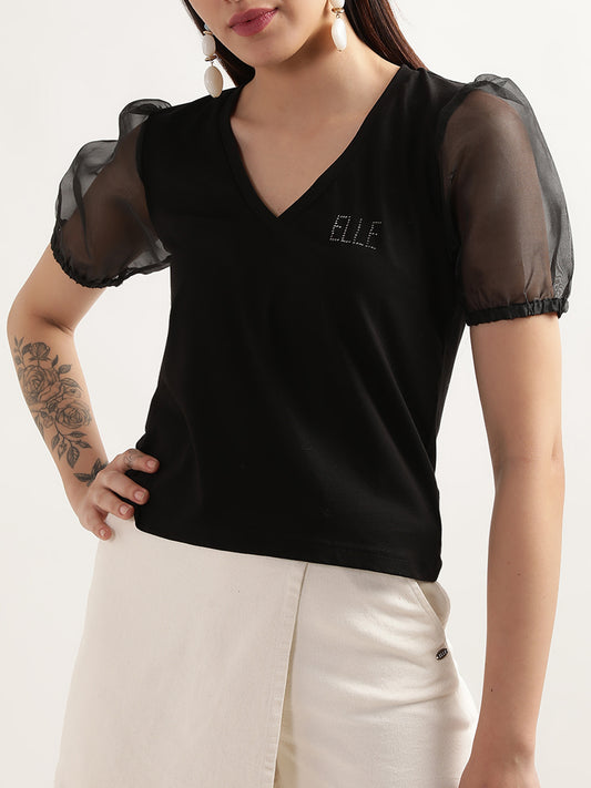 Elle Women Black Solid V Neck TShirt