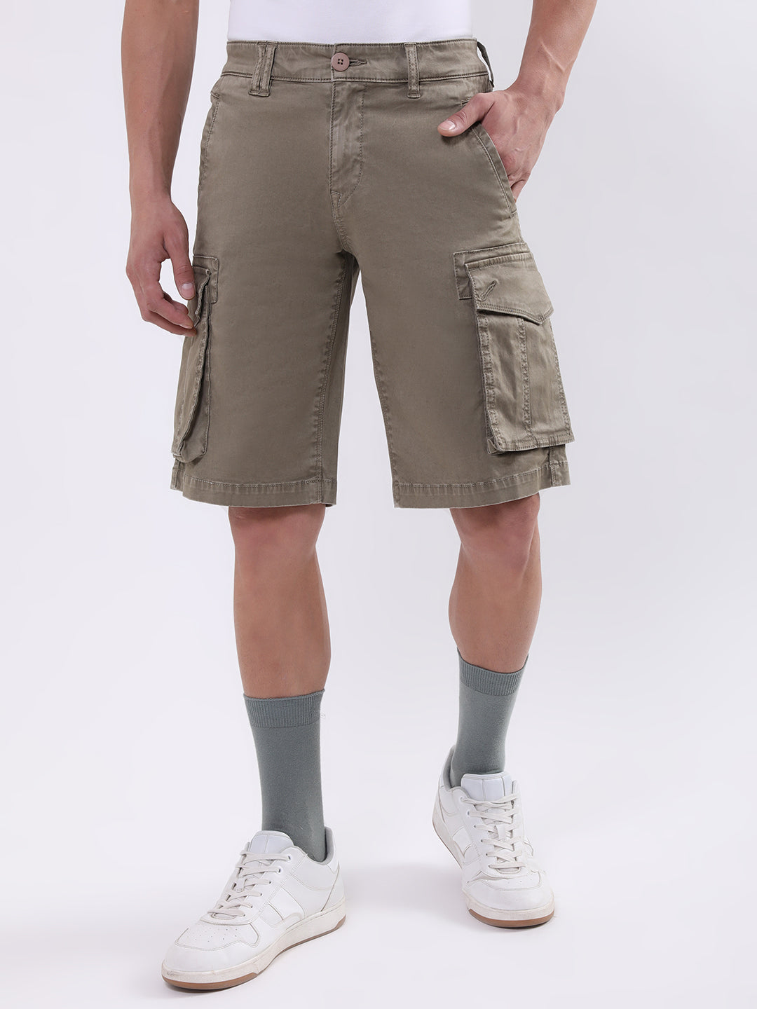 Iconic Men Khaki Embroidered Regular Fit Shorts