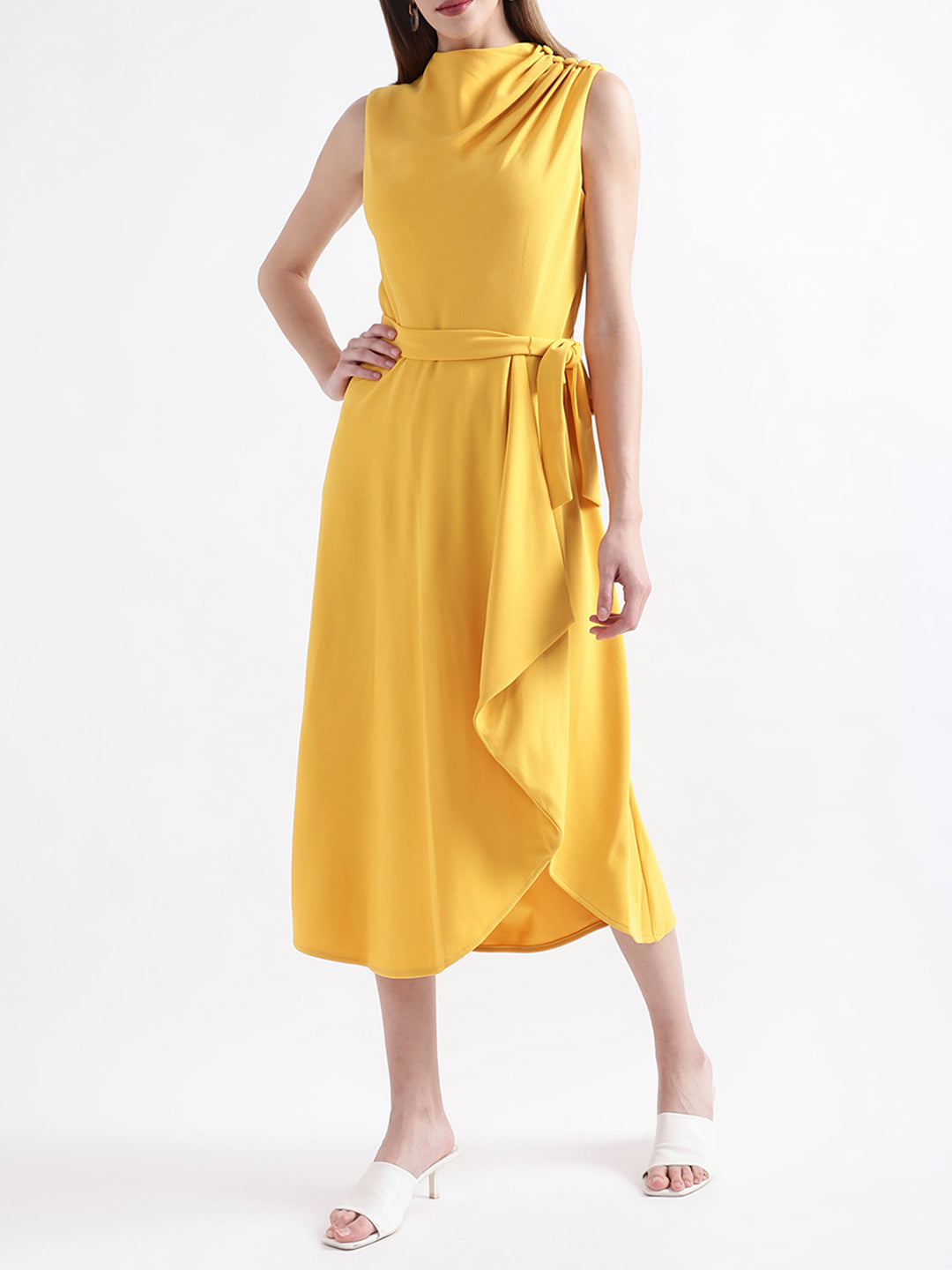 DKNY Women Ochre Solid Round Neck Dress