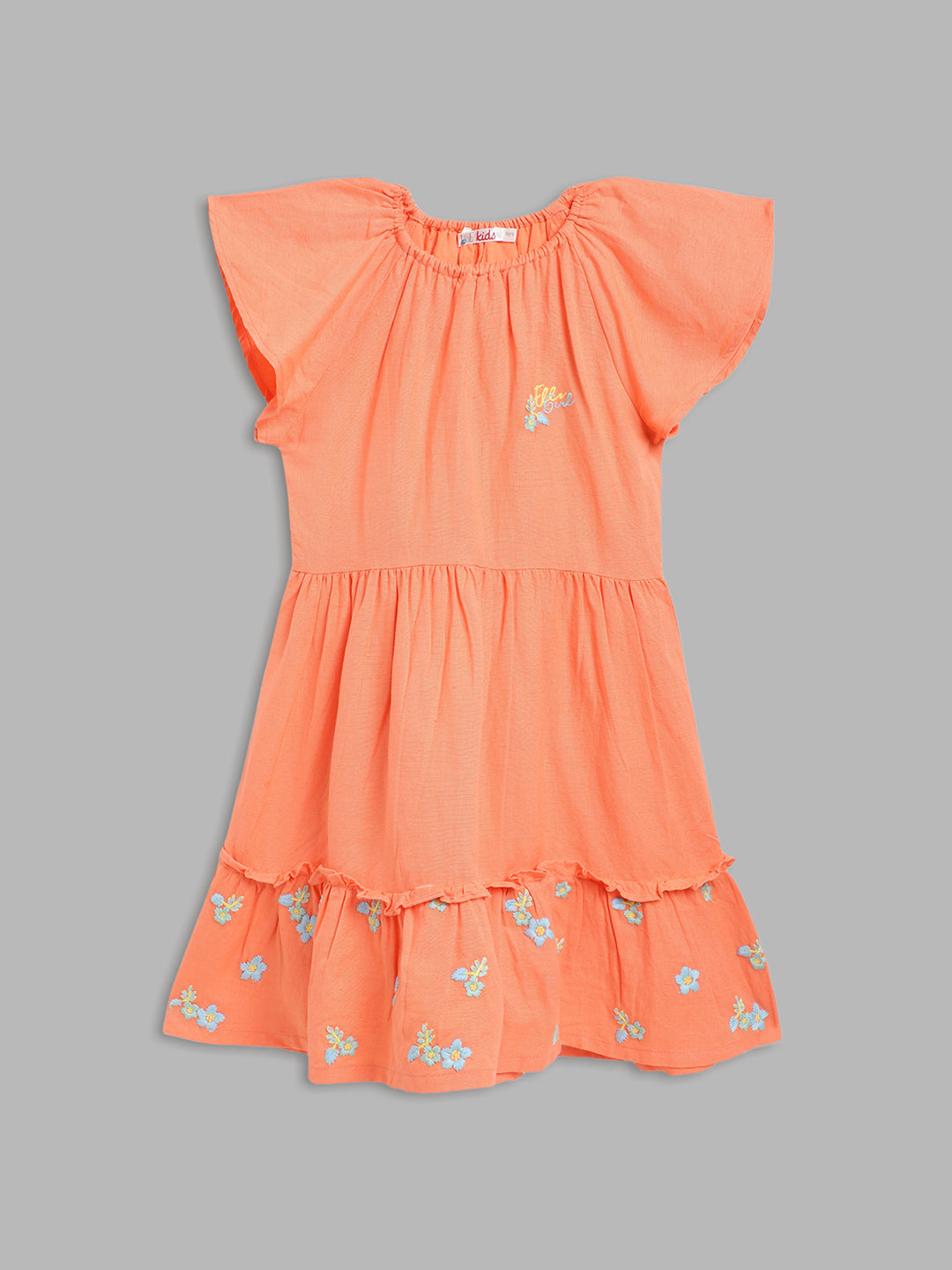 Elle Kids Girls Orange Solid Round Neck Dress