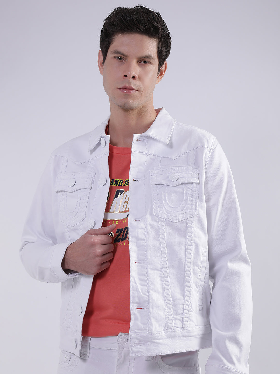 True Religion Men White Solid Collar Jacket