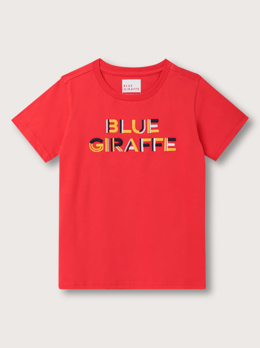 Blue Giraffe Kids Red Embroidered Regular Fit T-Shirt