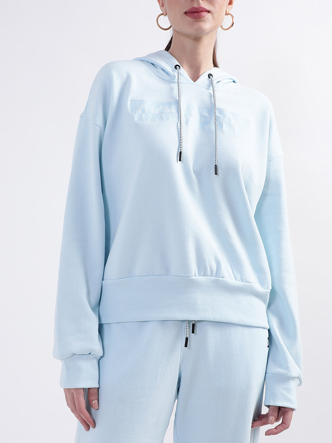 DKNY Women Light Blue Solid Hooded Sweatshirt