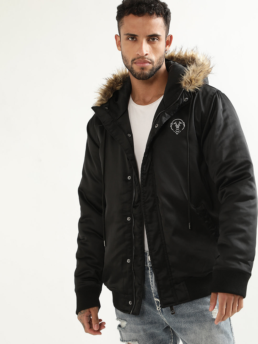 True Religion Men Black Printed Hooded Jacket