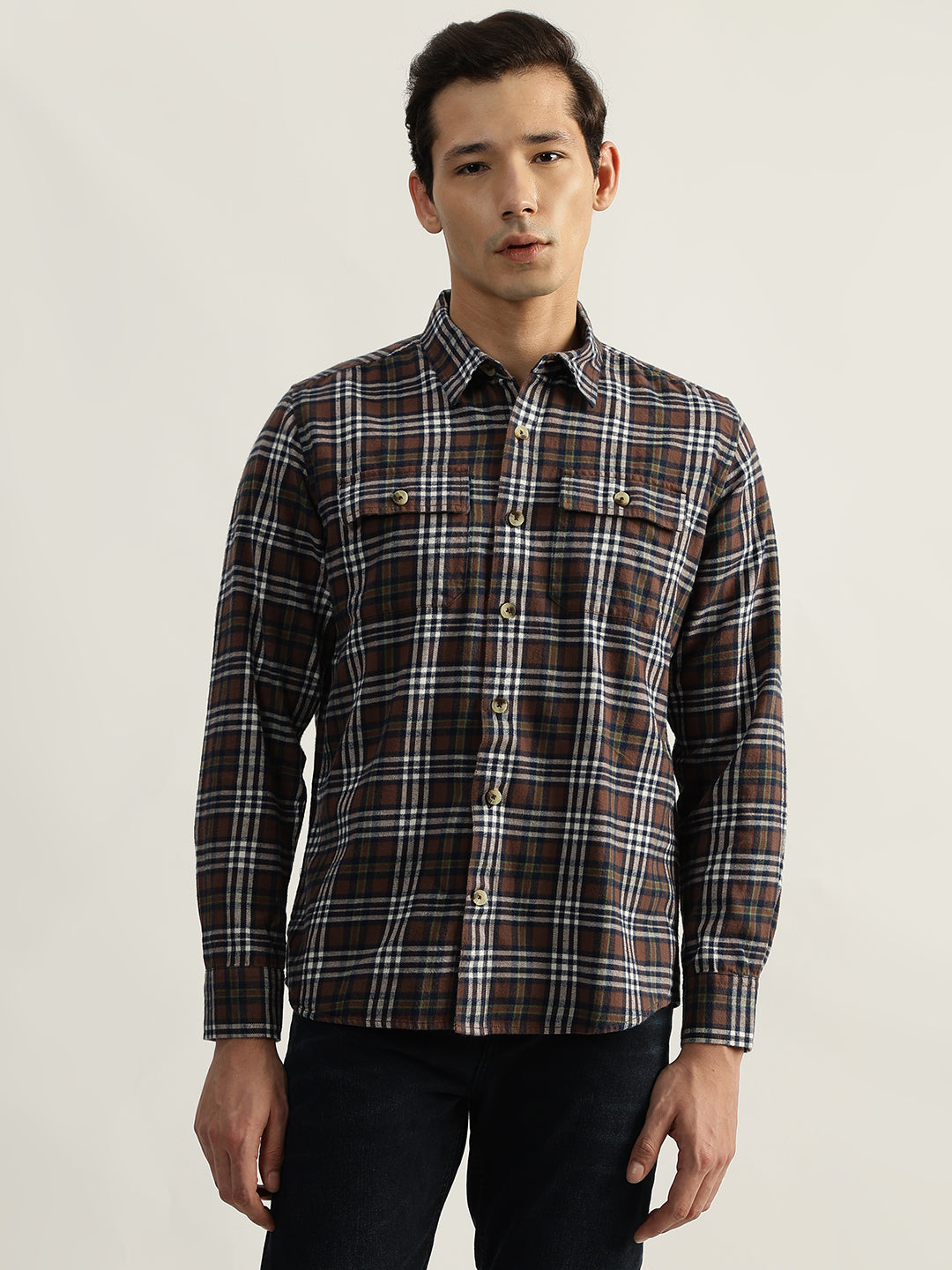 Iconic Men Brown Checked Spread Collar Full Sleeves Shirt