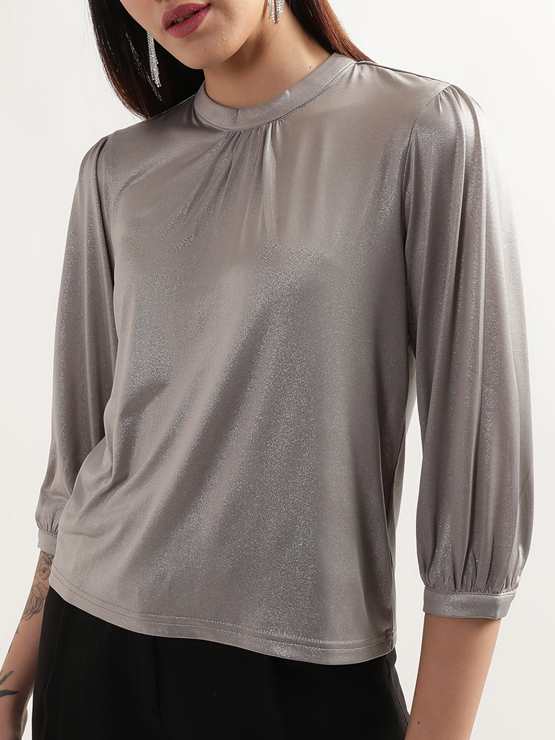 Centre Stage Women Grey Solid Round Neck Top