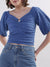 Elle Women Blue Solid V Neck Top