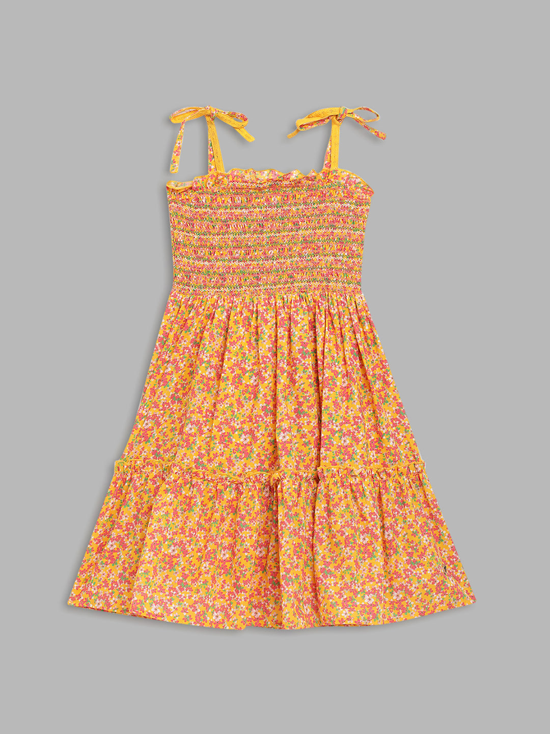 Blue Giraffe Girls Yellow Self-Design Square Neck Dress