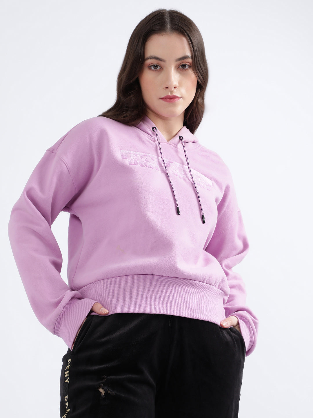 DKNY Women Purple Solid Hooded Sweatshirt