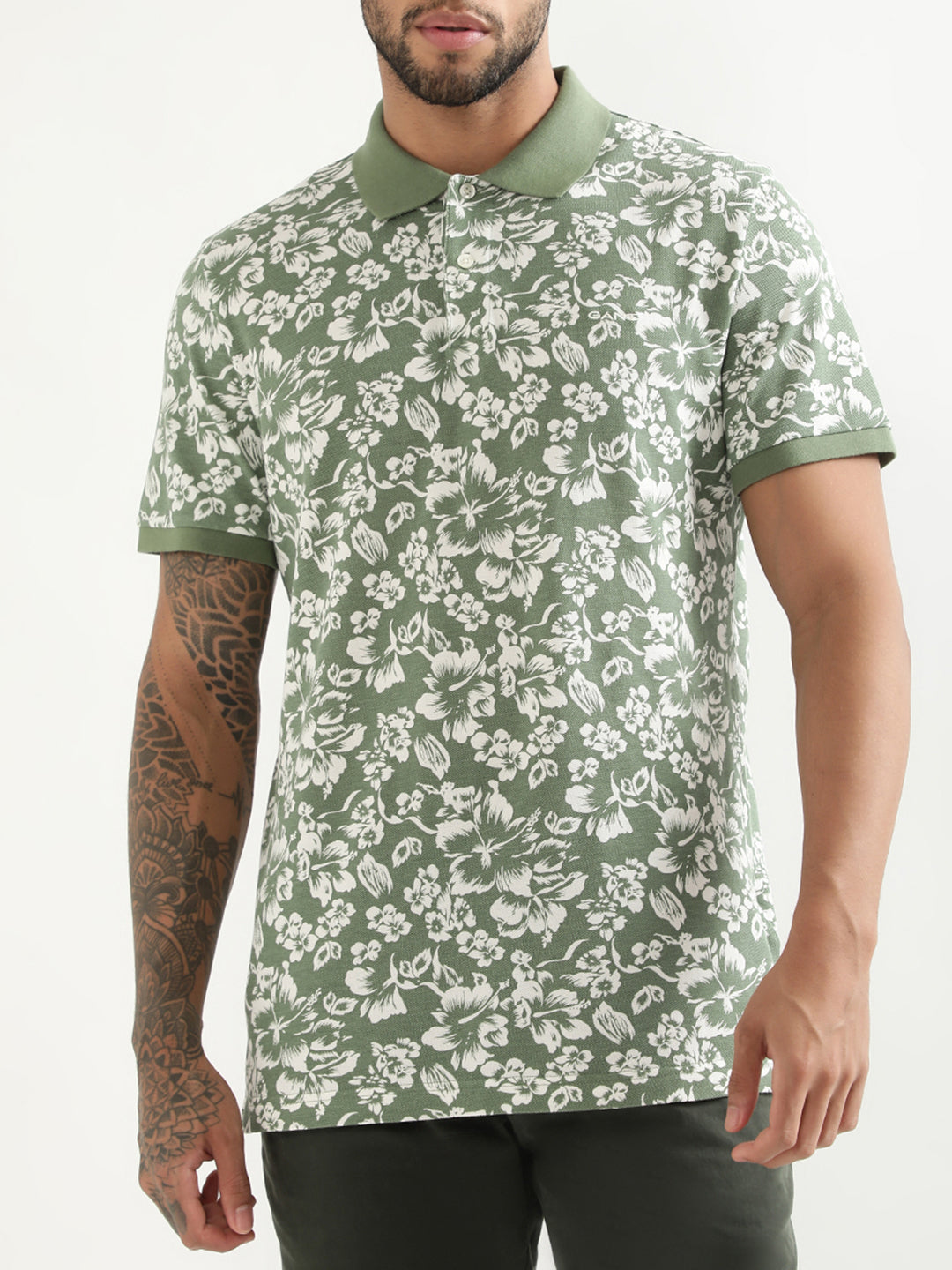 Gant Green Floral Print Regular Fit Pique Polo T-Shirt