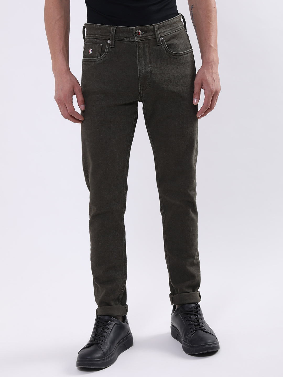 Iconic Men Olive Embroidered Slim Fit Jeans