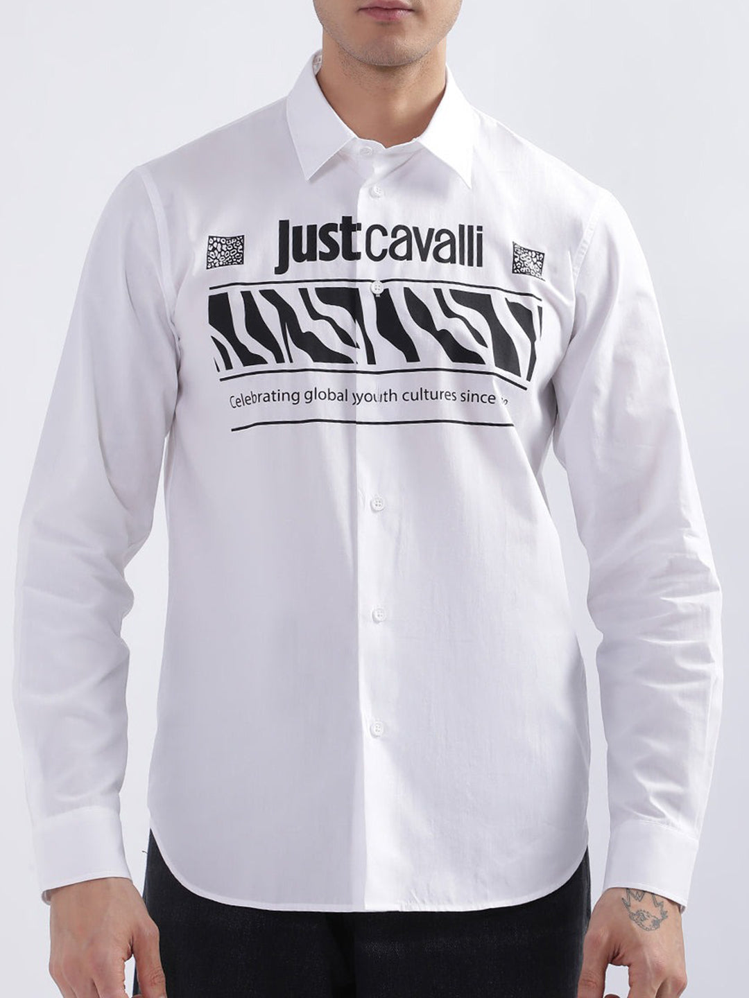 Just Cavalli Men White Solid Collar Shirt