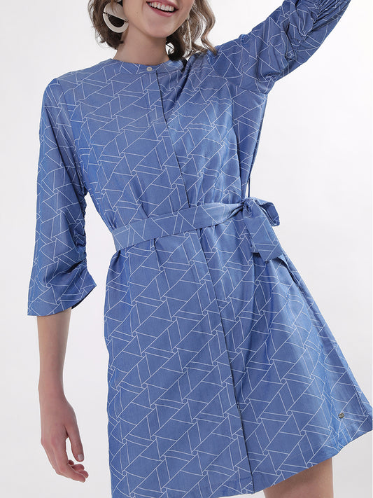 Elle Women Blue Printed Band Collar Dress