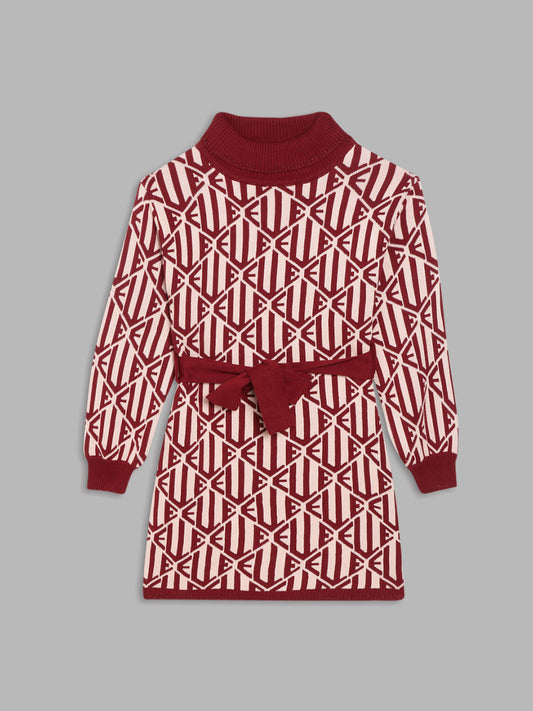 Elle Kids Girls Red Checked Round Neck Winter Dress