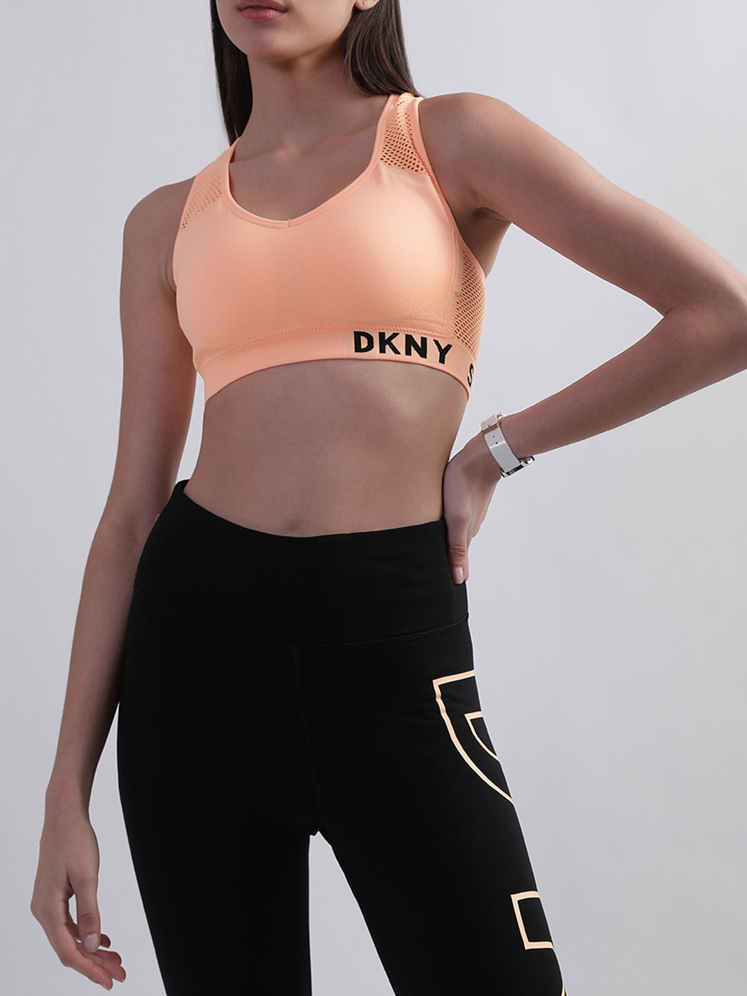 DKNY Women Peach Printed V Neck Top