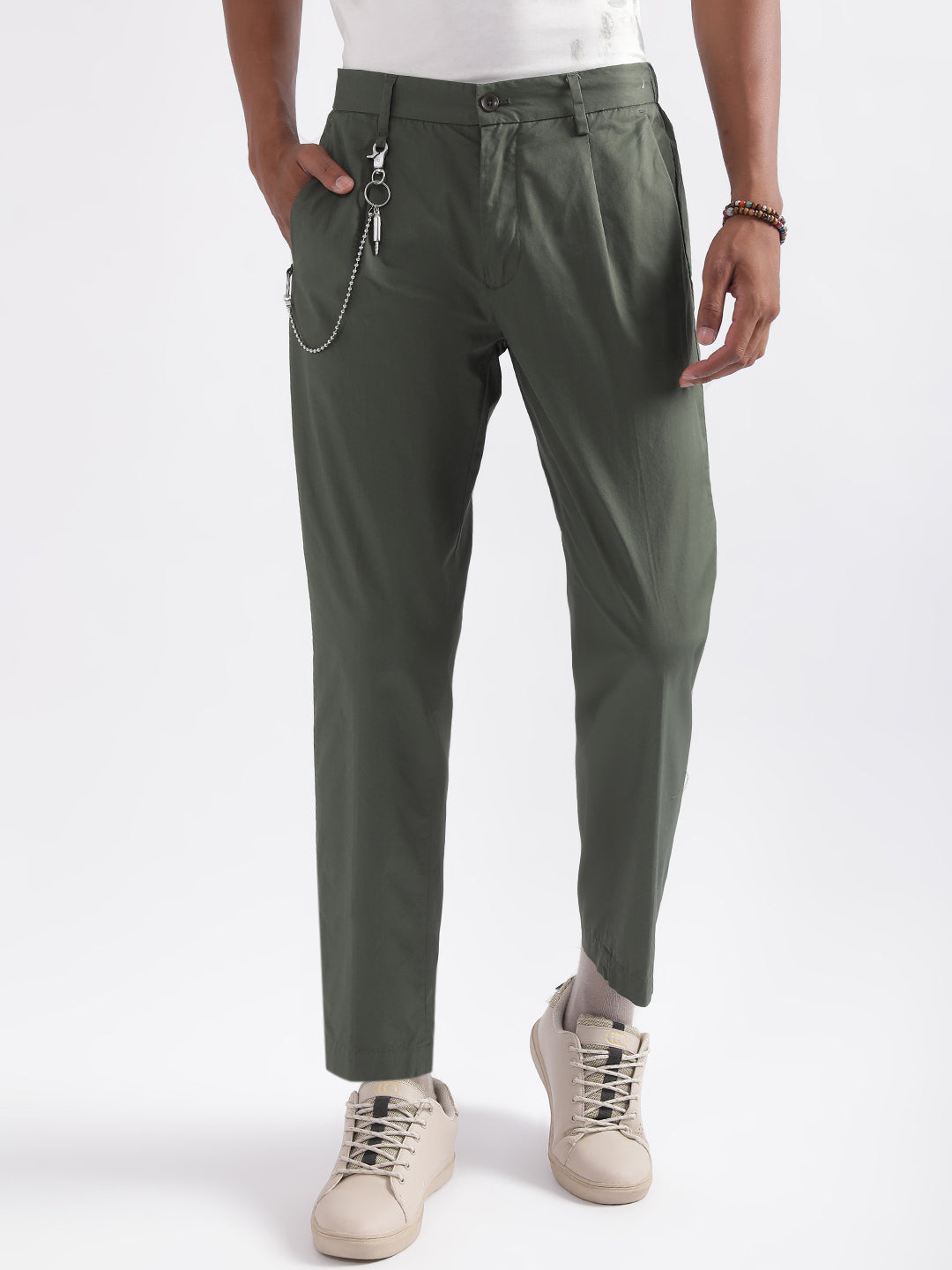 Antony Morato Men Carrot Pleated Regular Fit Cotton Trousers