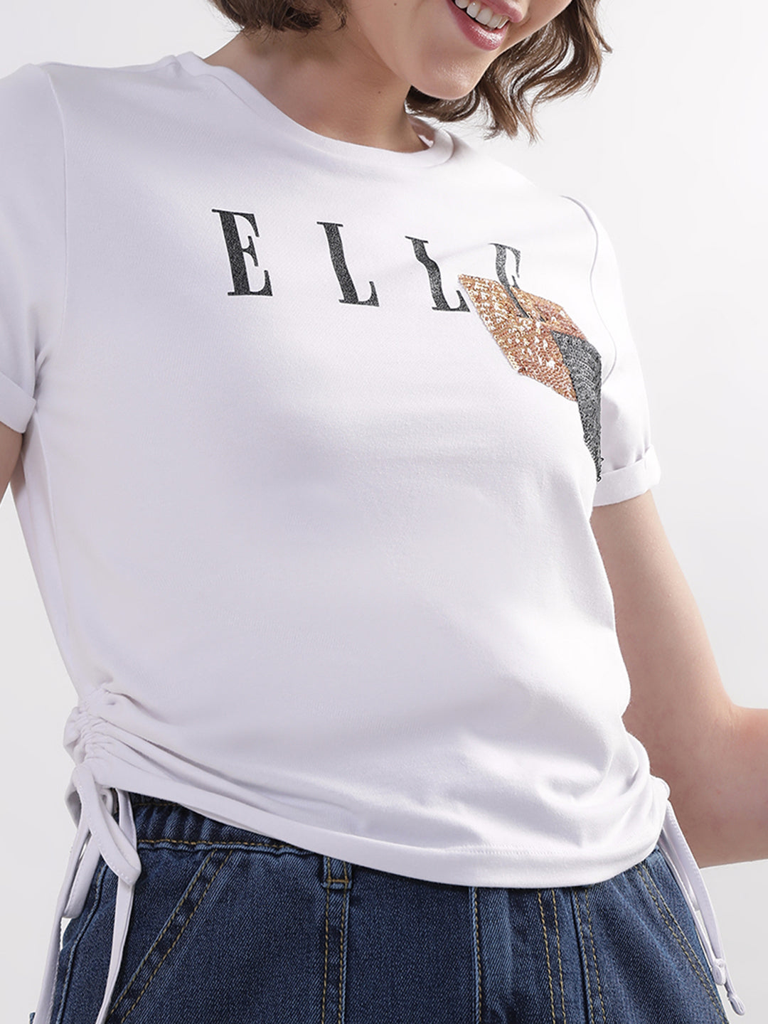 Elle Women White Solid Round Neck TShirt