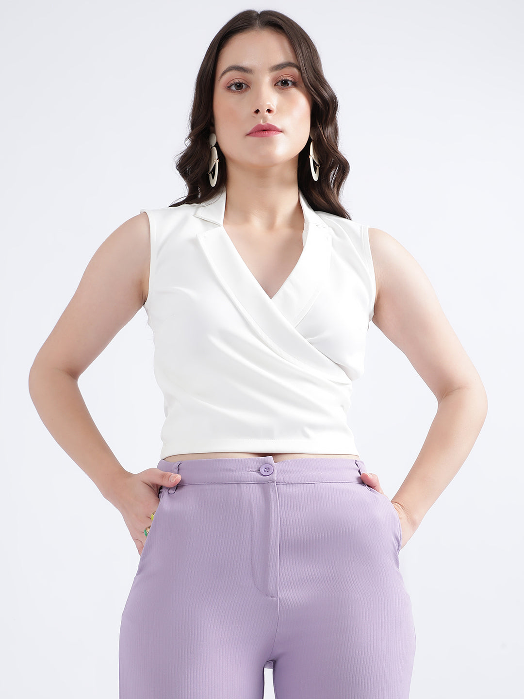 Centre Stage Women White Solid Collar Top