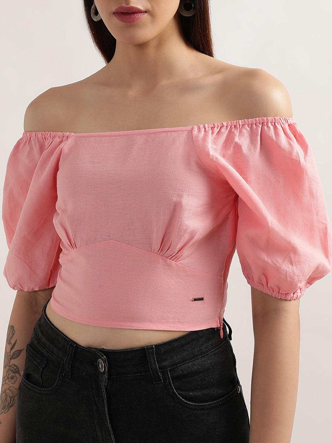 Elle Women Pink Solid Off Shoulder Top