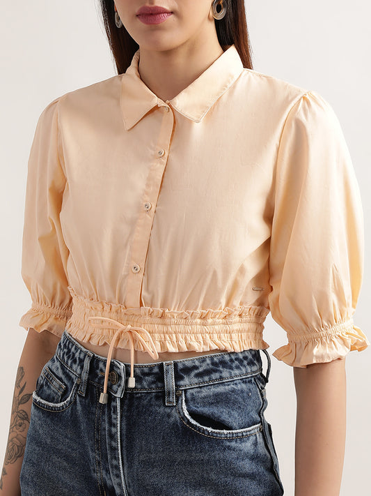 Elle Women Peach Solid Collar Top