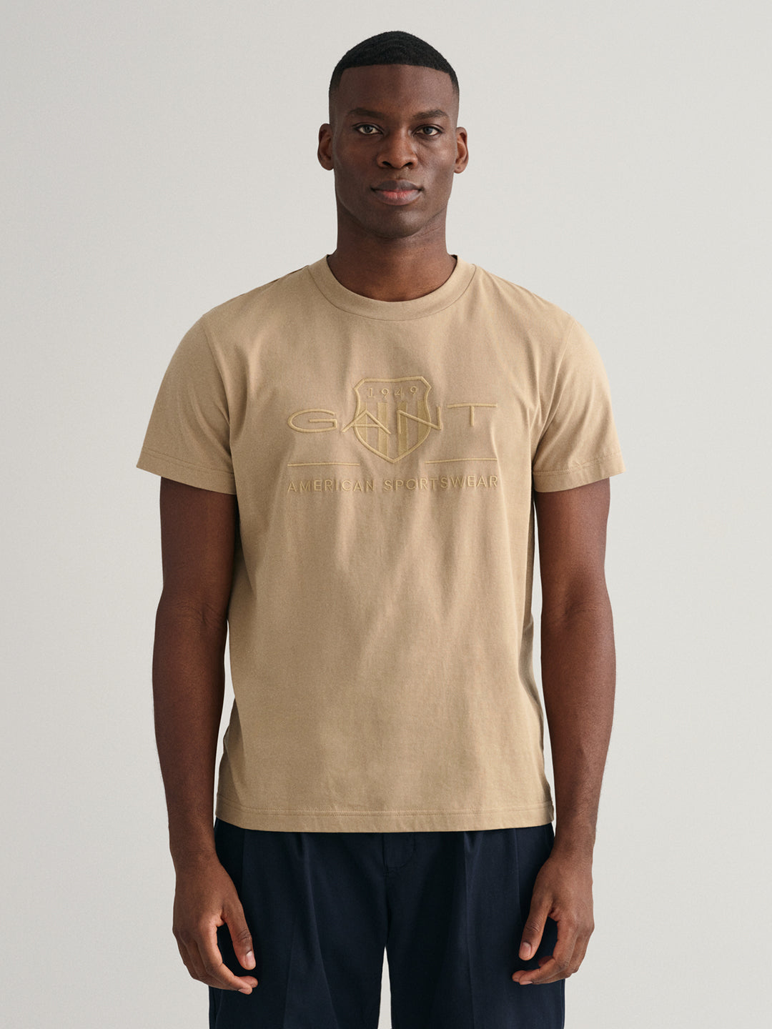 Gant Men Beige Solid Round Neck Short Sleeves T-Shirt