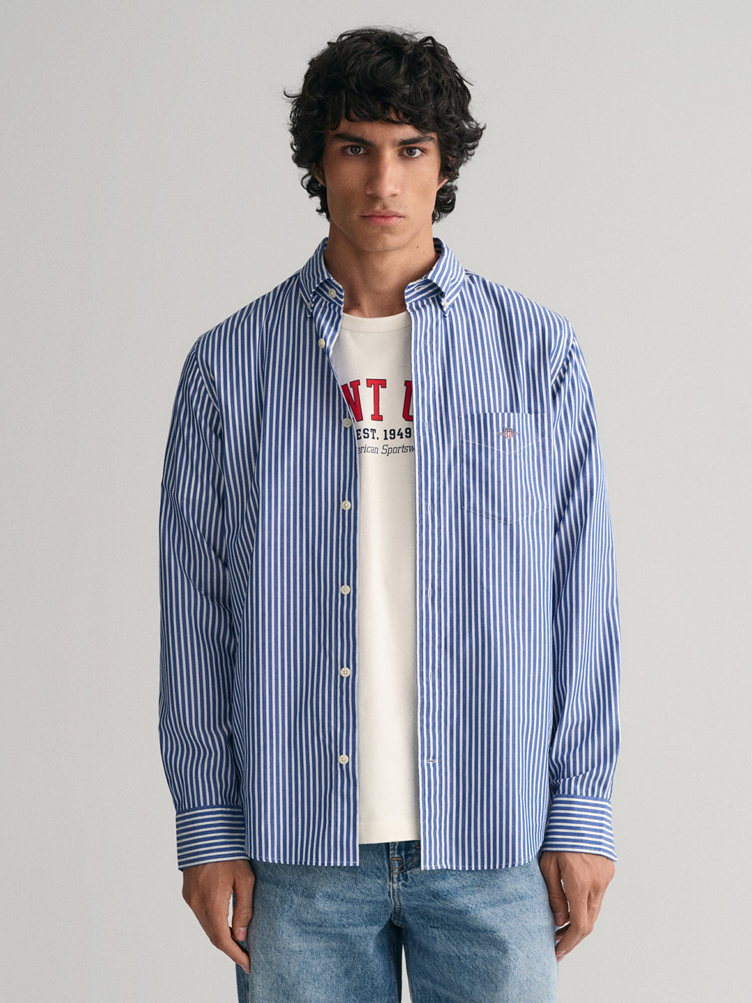 Gant Men Blue Striped Button-down Collar Full Sleeves Shirt