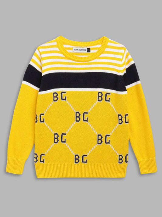 Blue Giraffe Boys Yellow Striped Round Neck Full Sleeves Pullover Style Sweater