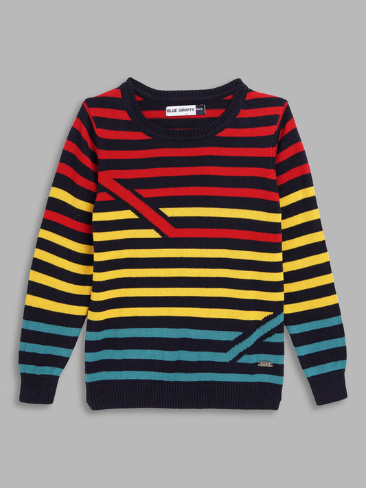 Blue Giraffe Boys Multi-Color Striped Round Neck Full Sleeves Pullover Style Sweater