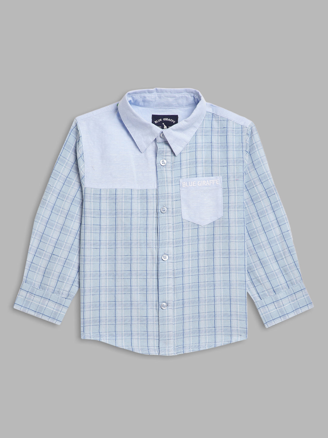 Blue Giraffe Boys Blue Checked Spread Collar Full Sleeves Shirt