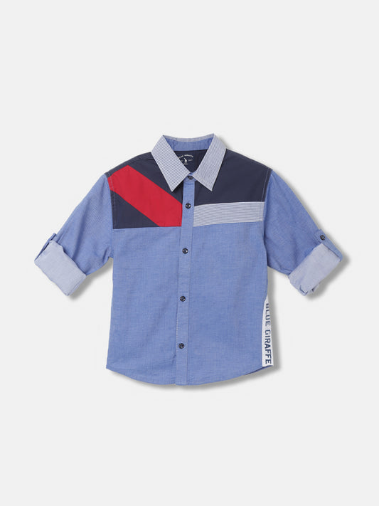 Blue Giraffe Boys Blue Color-Blocked Spread Collar Full Sleeves Shirt