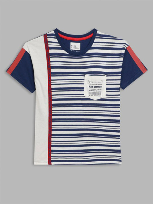 Blue Giraffe Boys Navy Striped Round Neck Short Sleeves T-Shirt