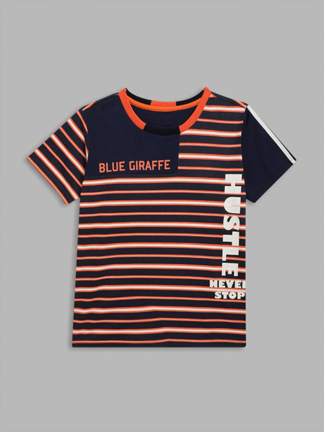 Blue Giraffe Boys Orange Striped Round Neck Short Sleeves T-Shirt