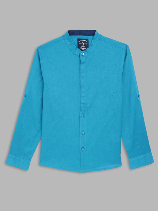 Blue Giraffe Boys Blue Solid Band Collar Full Sleeves Shirt