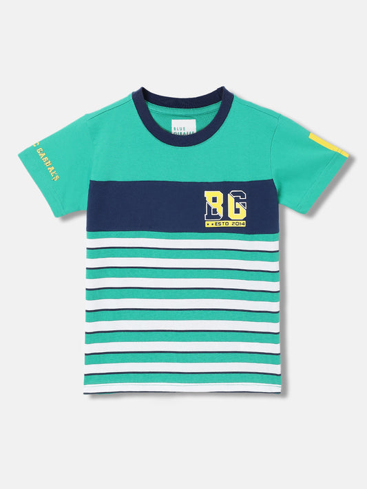 Blue Giraffe Boys Green Striped Round Neck Short Sleeves T-Shirt