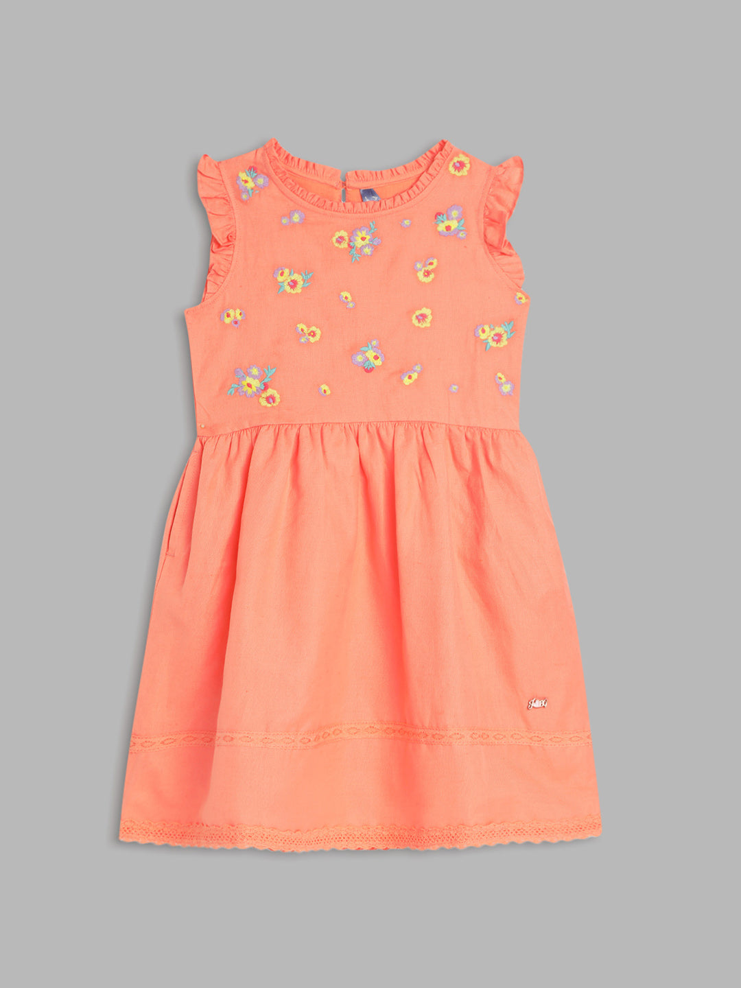 Blue Giraffe Girls Peach Embroidered Ruffle Neck Sleeveless A-line Dress