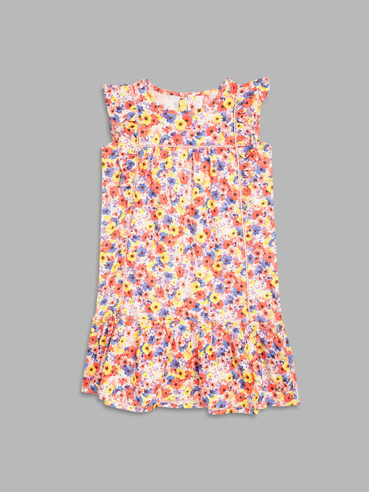 Blue Giraffe Girls Multicolor Printed Round Neck Sleeveless Straight Dress