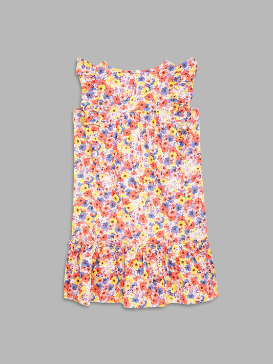 Blue Giraffe Girls Multicolor Printed Round Neck Sleeveless Straight Dress