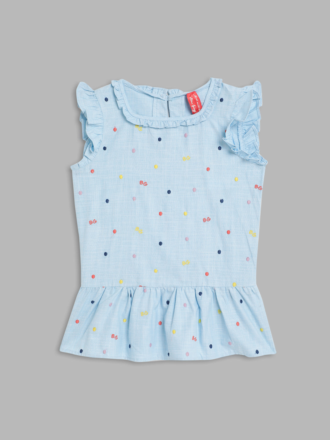 Blue Giraffe Girls Blue Embroidered Round Neck Short Sleeves Top