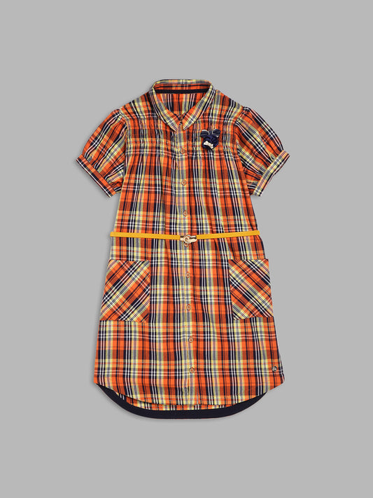 Blue Giraffe Girls Multi Checked Round Neck Dress