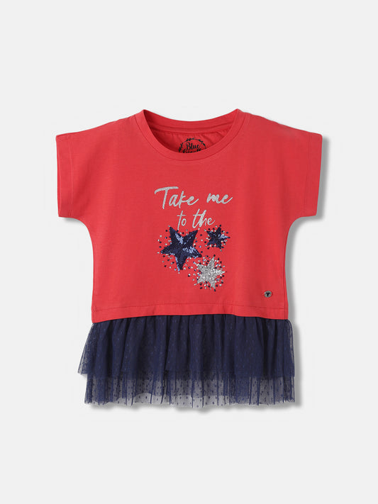 Blue Giraffe Girls Red Embellished Round Neck Full Sleeves Top