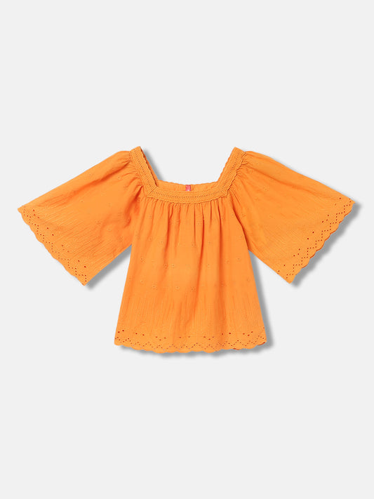 Blue Giraffe Girls Orange Embroidered Square Neck Short Sleeves Top