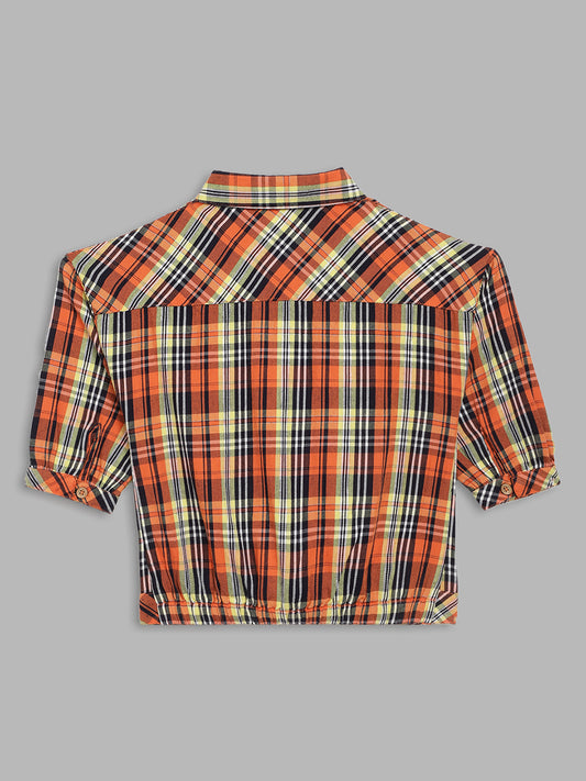 Blue Giraffe Girls Multi-Color Checked Spread Collar 3/4th Sleeves Shirt Style Top