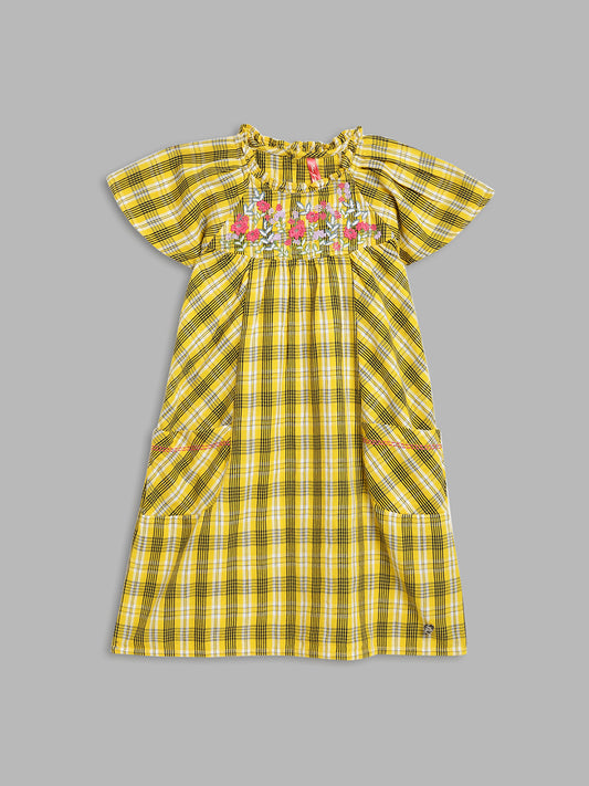 Blue Giraffe Girls Yellow Checked Round Neck Short Sleeves A-Line Dress