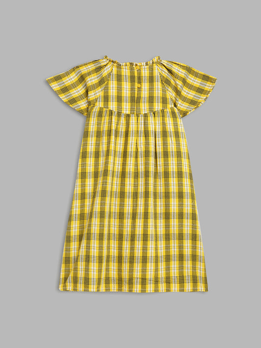 Blue Giraffe Girls Yellow Checked Round Neck Short Sleeves A-Line Dress