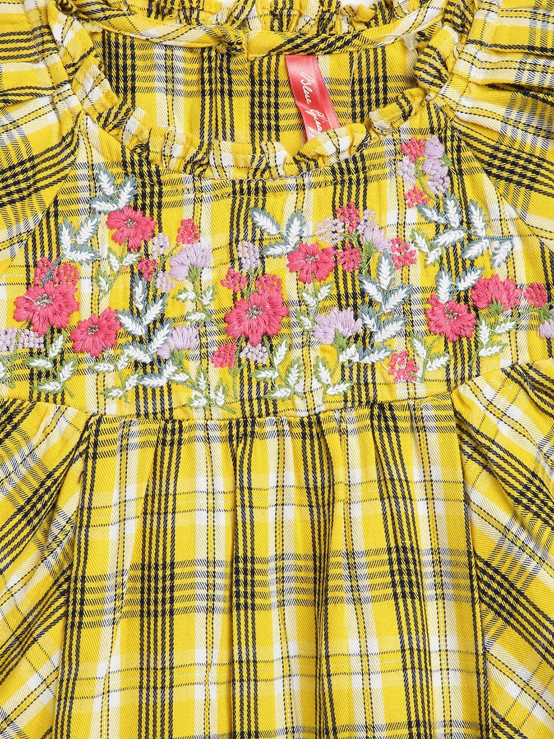 Blue Giraffe Girls Yellow Checked Round Neck Short Sleeves A-Line Dress