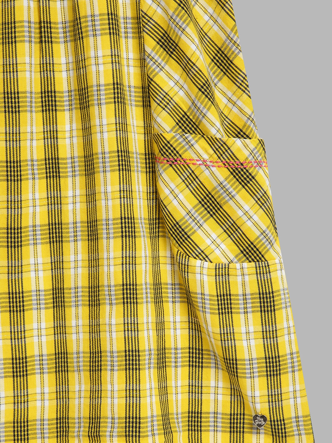 Blue Giraffe Girls Yellow Checked Round Neck Short Sleeves A-Line Dress